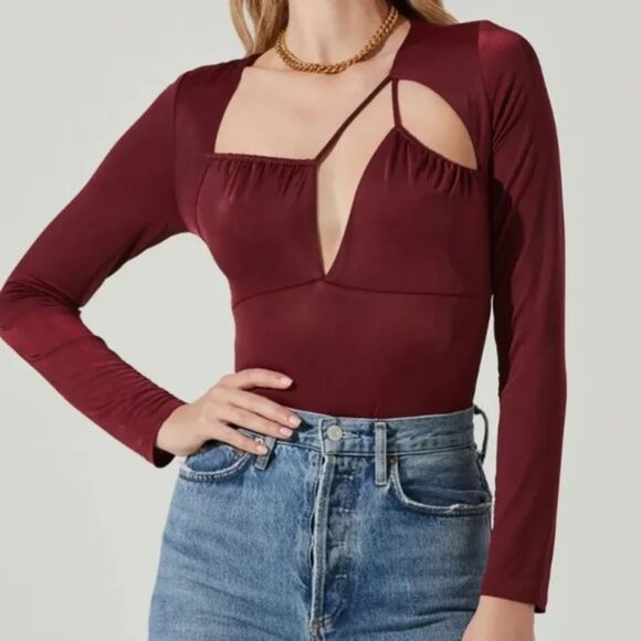 ASTR the Label Cutout Long Sleeve Bodysuit Wine Red Size Small - Picture 1 of 9